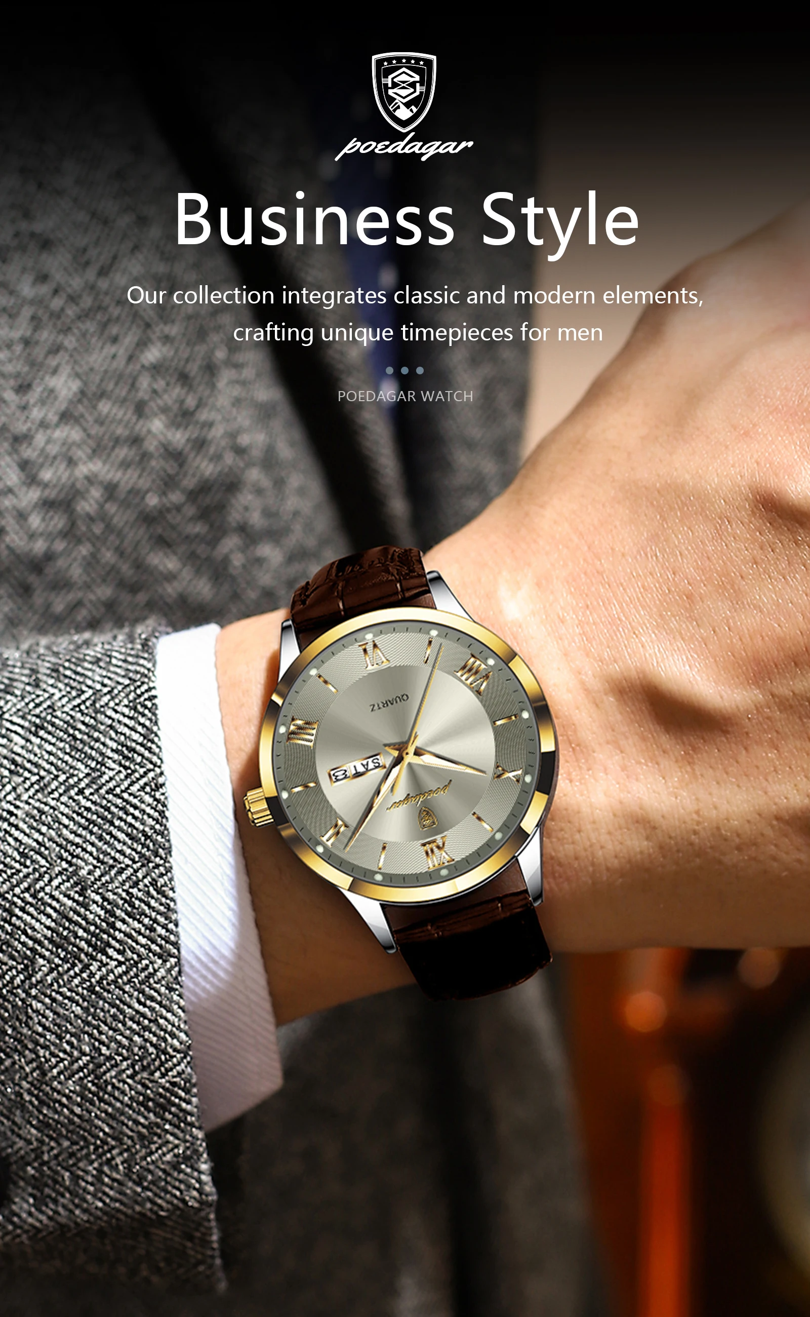 POEDAGAR Original Mode Uhr Für Mann Leder Datum Woche Quarz Männer Uhr Wasserdicht Leucht Business herren Uhren Männlich Reloj – Detail 5