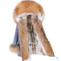 Maomaokong abnehmbare echte Fuchs Pelz kragen Mäntel Frau Winter jacke Kapuze Kaninchen fell Futter lange Parkas weibliche Kleidung
