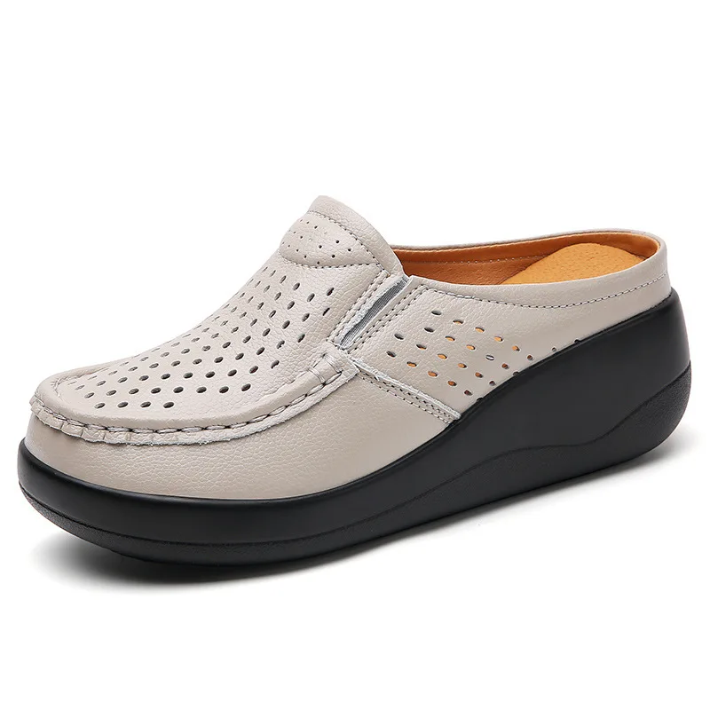 

New Women Platform Slipper Ladies Genuine Leather Comfort Wedge Moccasins Slingbacks Shoes Slip on Women Casual Shoes