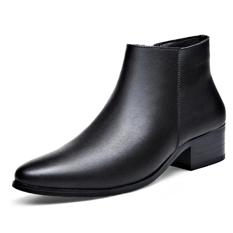 British Business Leather Boots for Men High Heels Pointed Toes and Fleece Chelsea Boots Male Fashion Casual Shoes Man