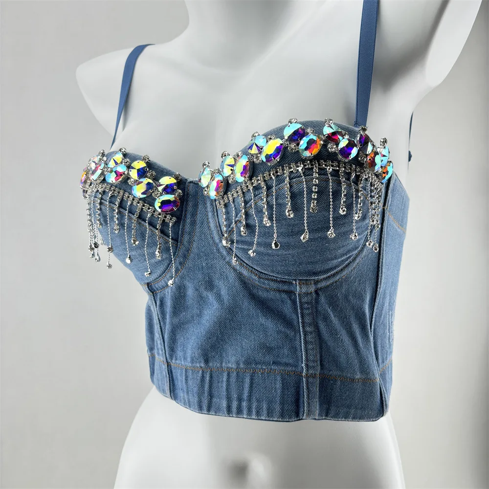Cowboy Chain Beaded Tassel Bustier Female Spicy Girl Waist Thin Halter Undershirt Nightclub Stage Sexy Tops