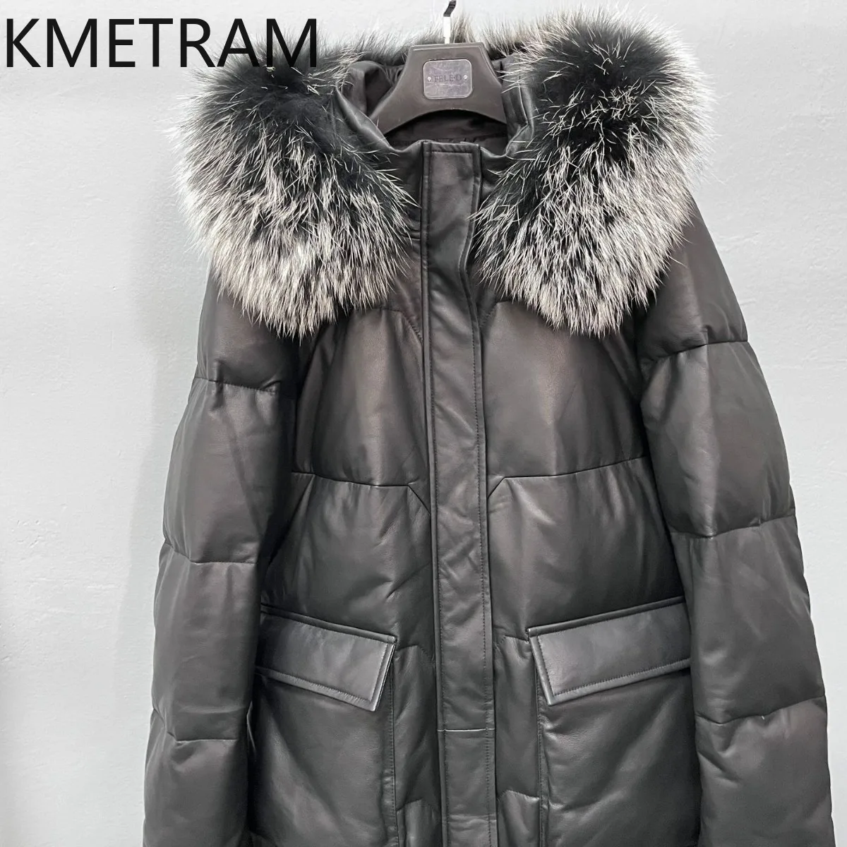 100% Sheepskin Puffer Jacket Women High Quality Genuine Leather Long Down Coats with Hood Raccoon Fur Collar 2025 Winter Clothes