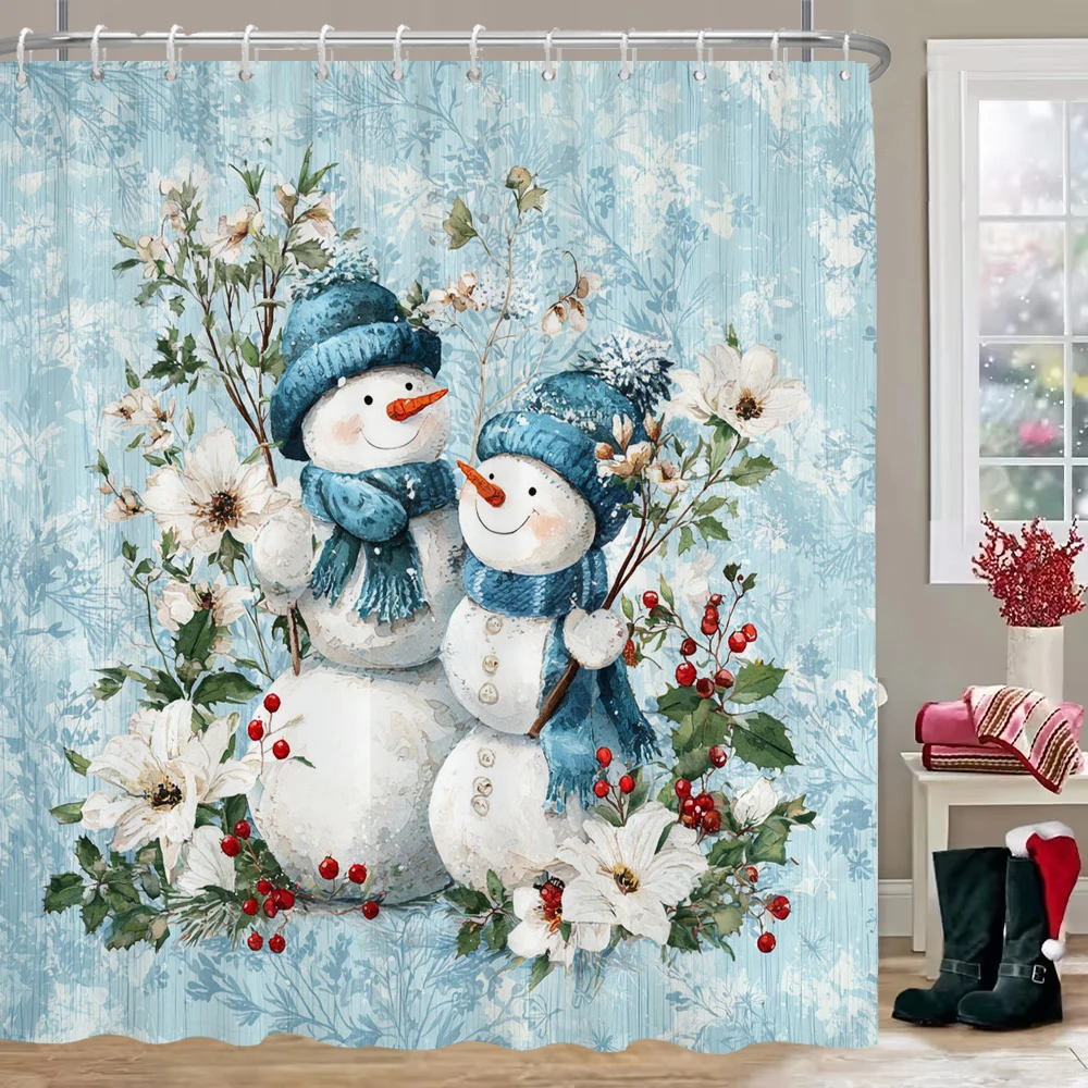 

Snowman Merry Christmas Shower Curtain Winter Festival Pine Tree Happy New Year Bathroom Decor Xmas Party Polyester Bath Curtain