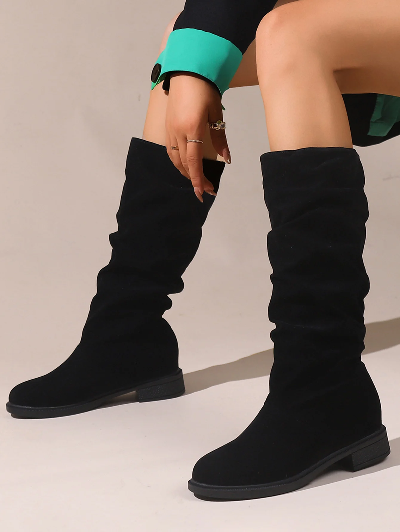 Mid Calf Slouchy Boots for Women - Comfortable Round Toe, Slip-On, Mid Heel, Platform, Fabric Upper, TPR Sole, Classic Design fo