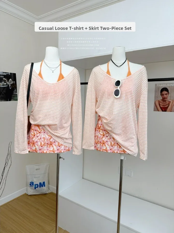 

Beach Vacation Style Women's Long Sleeve T-Shirt Loose Striped Base Shirt Lazy Girl Top Spring Fashion Casual Outfit Set