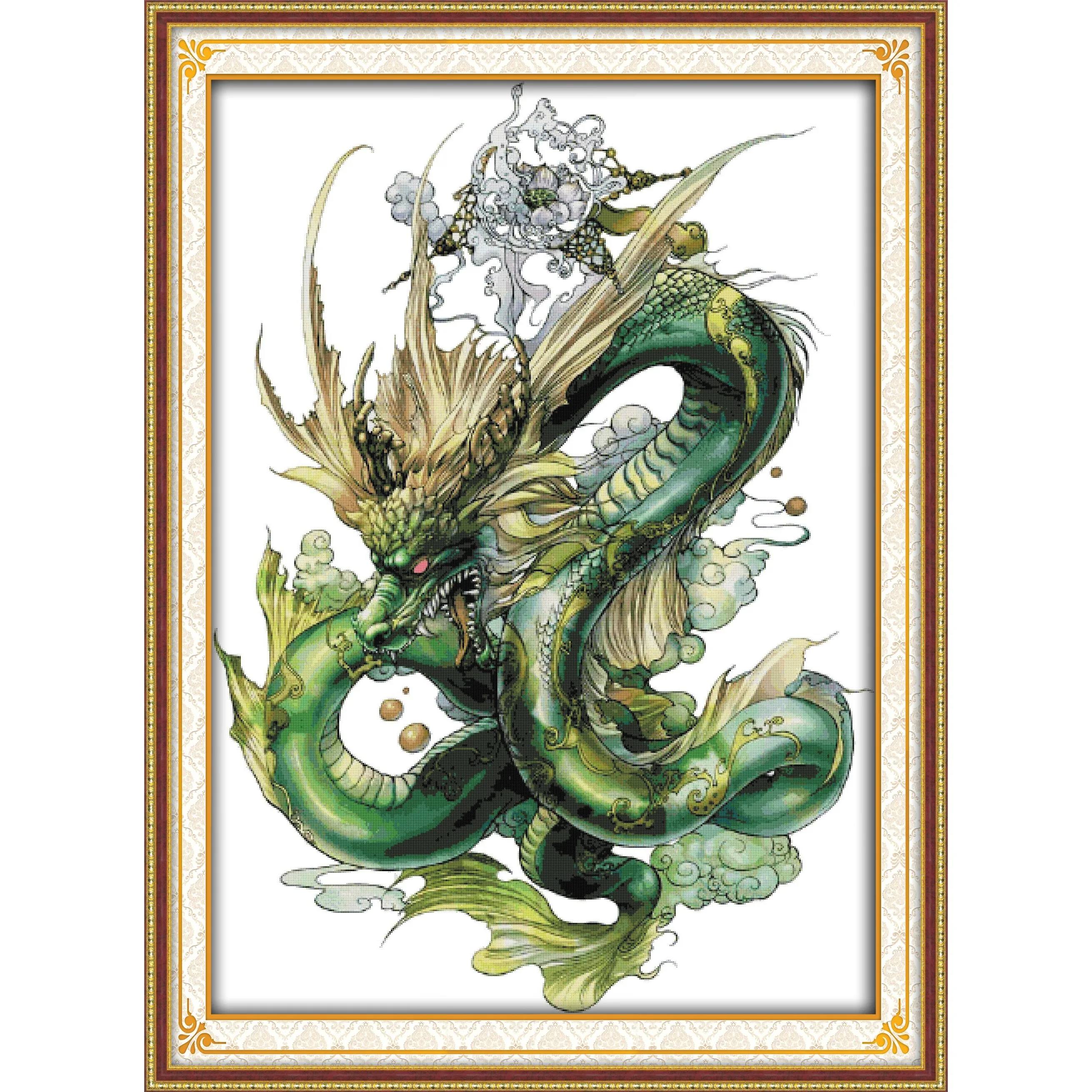 

Soulgift News Pre-Printed Cross Stitch Kit, Stamped Aida Fabric with DMC Threads, Embroidery Kit - Green Dragon