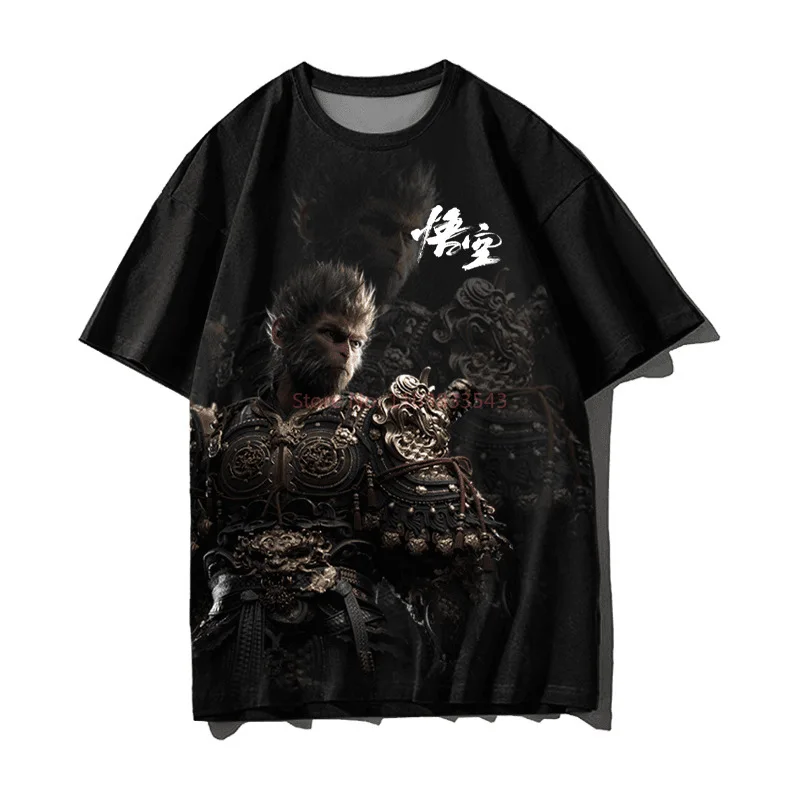 Camiseta de jogo de manga curta para meninos e meninas, respirável presente solto, mito preto Wukong, seda gelada, secagem rápida, novo, verão