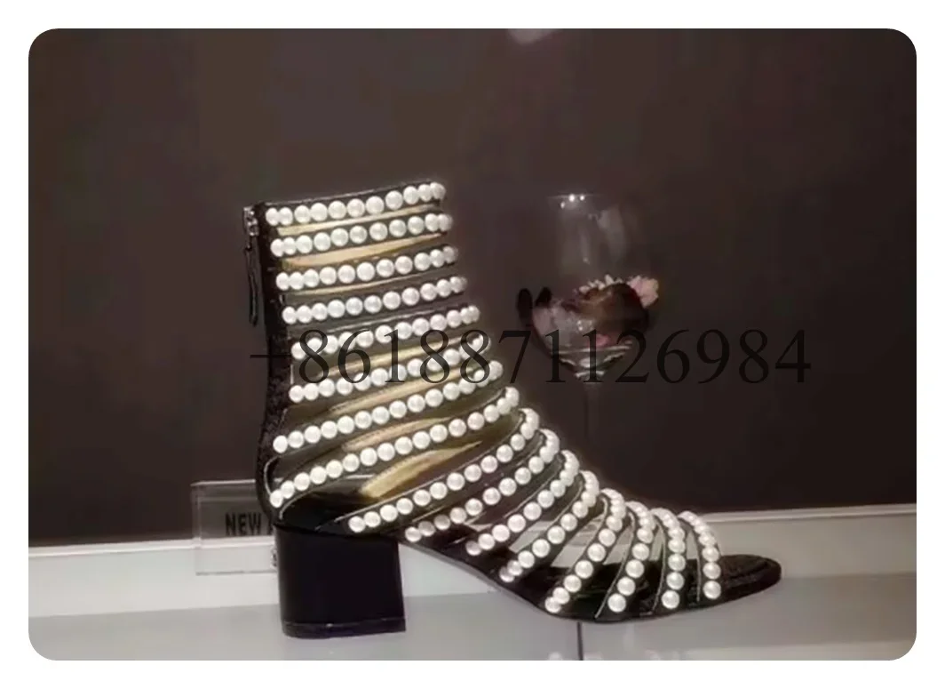 

Летние женские сандалии с круглым носком и жемчугом, туфли большого размера на массивном высоком каблуке с молнией сзади