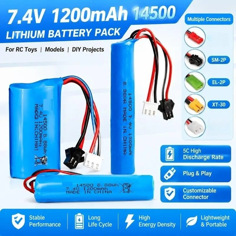 for 7.4V 1200mAh 14500 Lithium Battery Pack High Rate Rechargeable Battery for Electric Water Bullet Toy Accessories