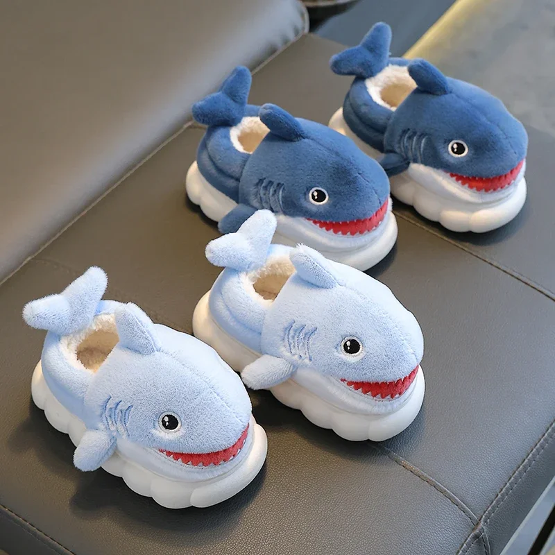 New Winter Wrap Heels Cute Cartoon Shark Cotton Slippers Children\'s Non-slip Soft For Kids Girls Boys Baby Warm Plush Home Shoes