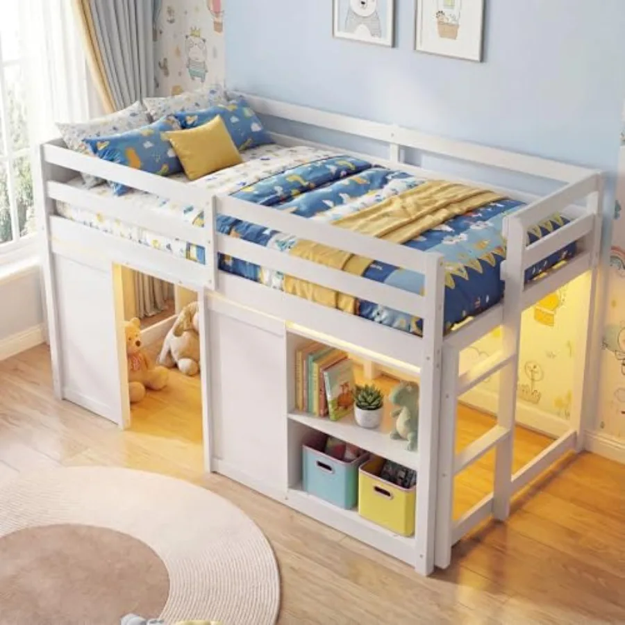 

Loft Bed Twin Size with LED Lights, Wooden Low Bed Frames for w/2 Doors, Under-Bed Play Space and Storage Bookcase, Modern Bedf