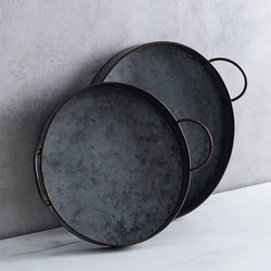 European Retro Round Iron Plate with Handle Metal Vintage Bread Tray Home Decoration Garden Restaurant Table Photographing