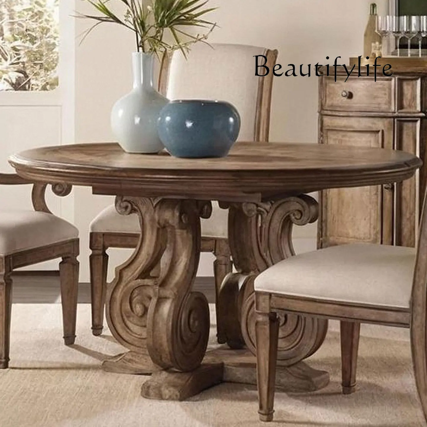 

X carved American solid wood dining table French restaurant round dining table high-end designer retro old