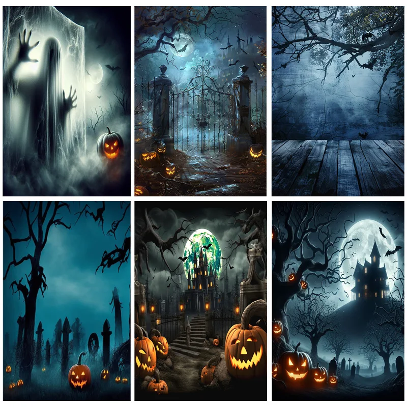 

Happy Halloween Party Backdrop Full Moon Scary Night Castle Graveyard Forest Bats Pumpkin Lantern Photography Background JS-10