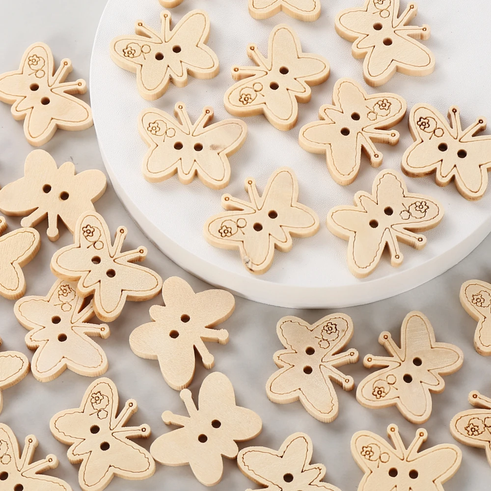 

50pcs Natural Wooden Buttons 2 Holes Butterfly Shape Buttons Scrapbooking Garment DIY craft Accessories
