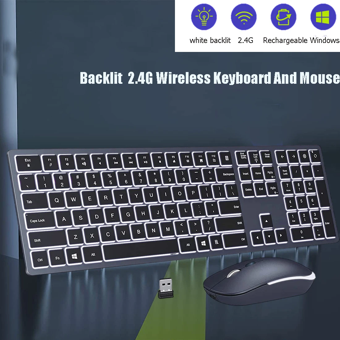 

Backlight Wireless Keyboard and Mouse for Mac Rechargeable Full Size Gaming Keyboard Mouse Set for Windows PC Computer Laptop