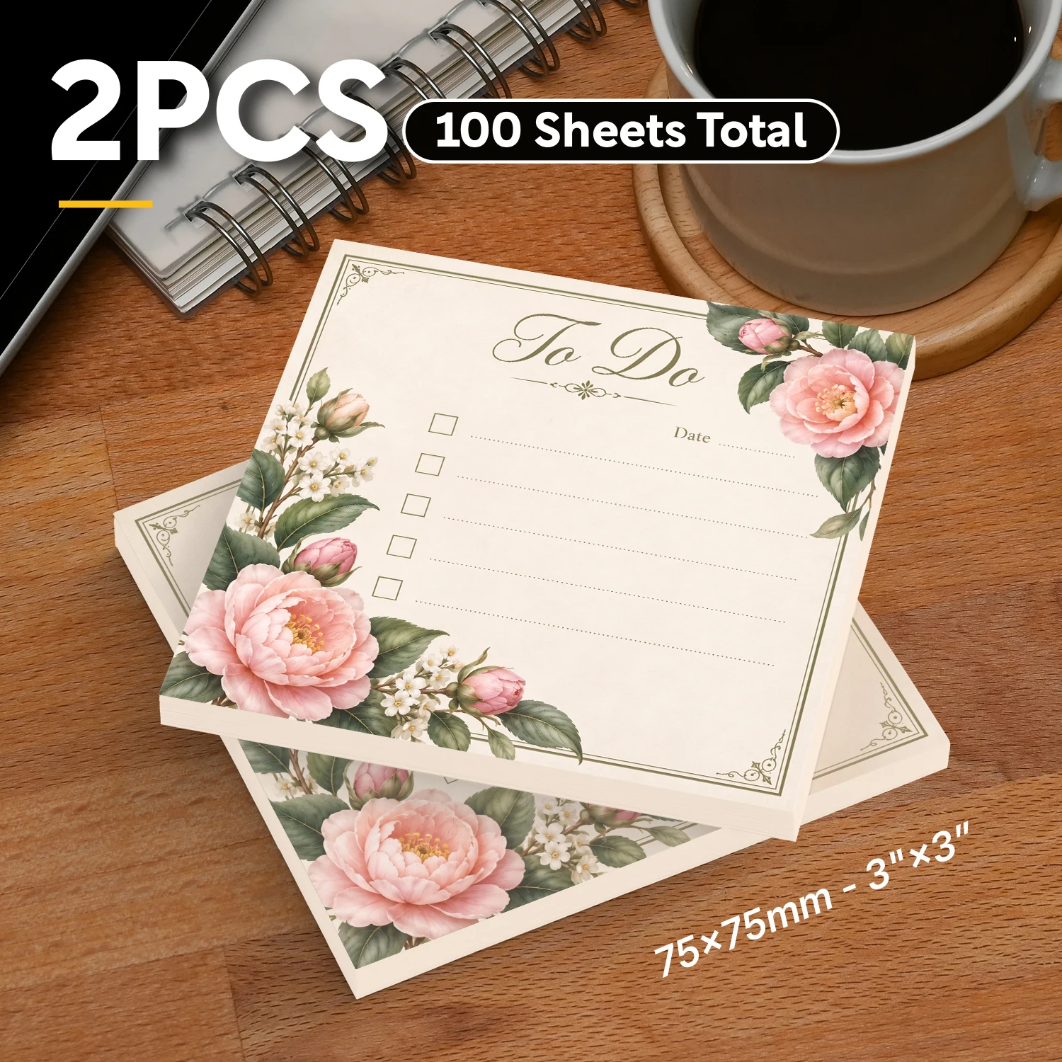 2PCS Floral To Do List Sticky Notes 100 Sheets Pink Flower Checklist Memo Pads Writing Reminder Office School Stationery