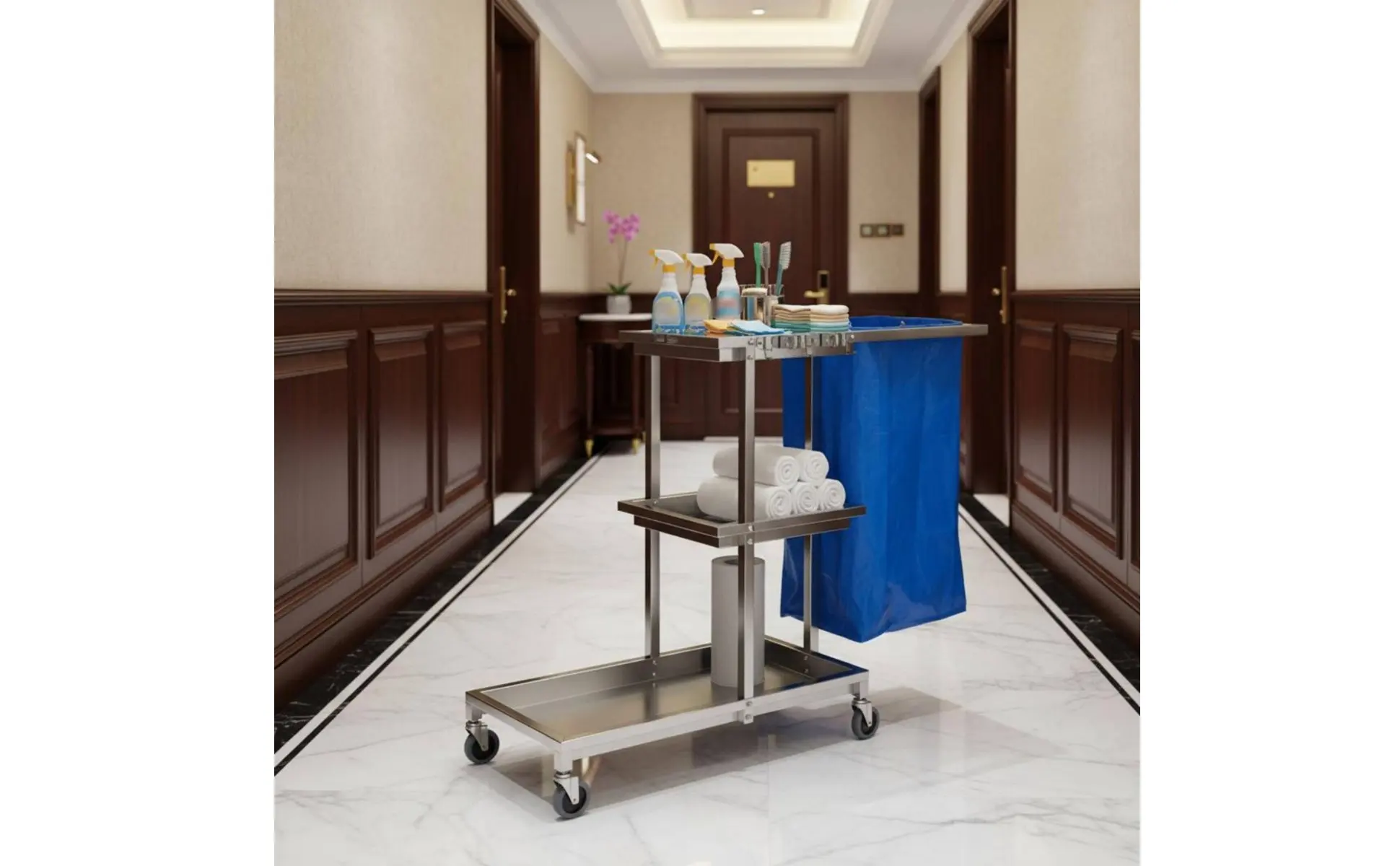 Hotel Linen Cart Braking Casters Stainless Steel Janitor Cart Business Cleaning Trolley with Bag Large Capacity for Hospital