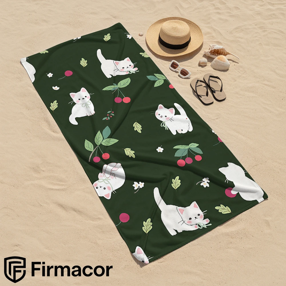 Dark Green White Kitten Cartoon Anime Beach Towel Microfiber Quick Dry Super Absorbent Soft Bath Towel for Kids Adults Travel