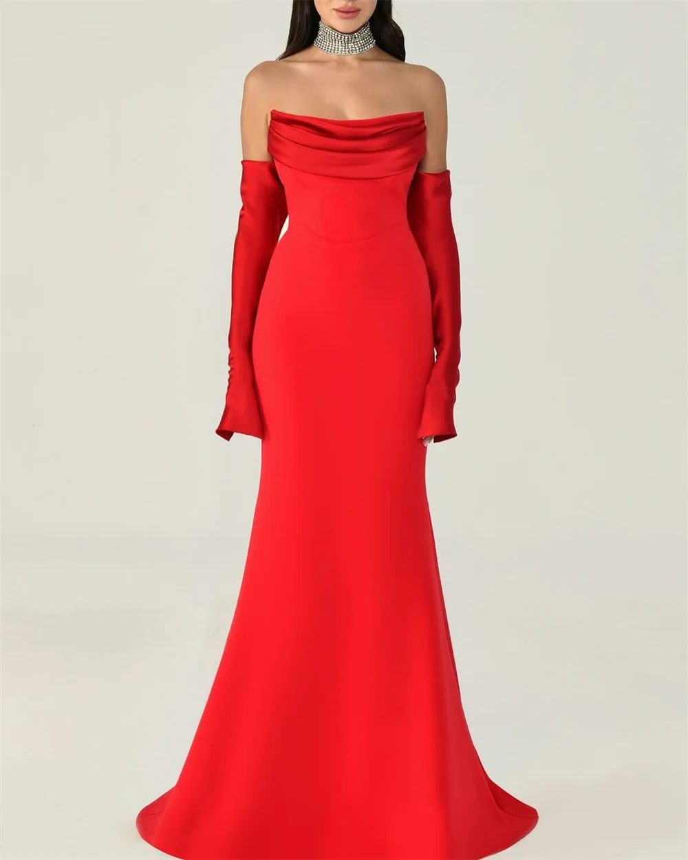 

Customized Square Collar Mermaid Delicate Evening Dress Red Detachable Sleeve Zipper Back Prom Dress High Quality Cocktail Dress