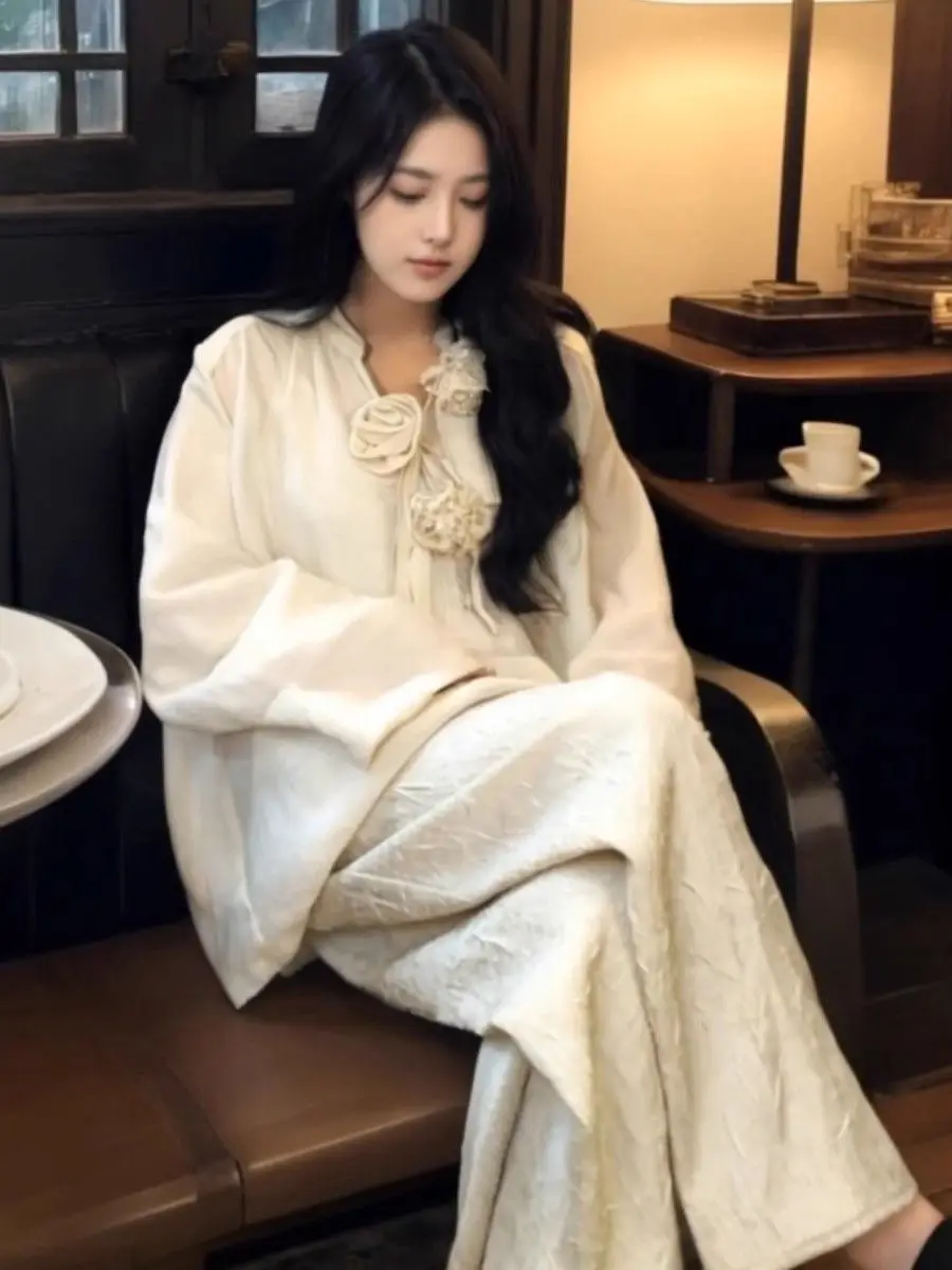 

2025 Chinese Zen Style Two Piece Set Women Spring Ramie Jacquard Shirt with 3D Floral Design and Wide Leg Pants Outfit Fashion