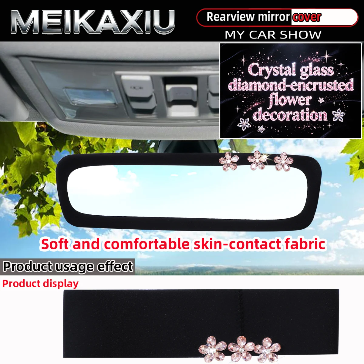 Ladies Crystal-Dazzled Flower Car Rearview Mirror Cover Skin-friendly Fabric Automotive Interior Decoration