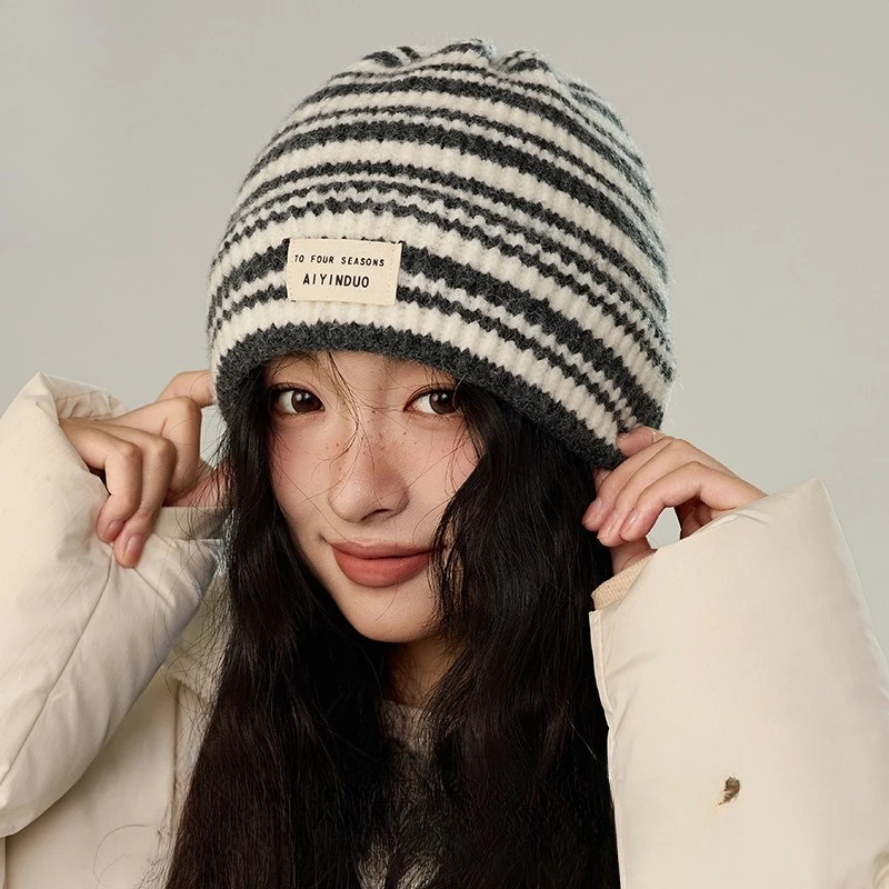 Korean Striped Knitted Hat, Big Head Circumference, Small Face, Warm Wool Hat, Simple and Versatile Ear Protector, Cold Hat