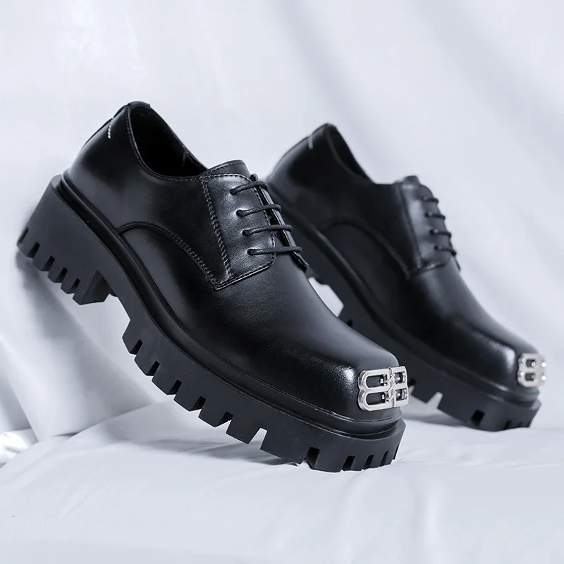 Men Casual Leather Shoes Fashion Derby Shoes Square Toe Trendy Designer Shoes for Men Sneaker Lace-up Thick Sole Heightened Shoe
