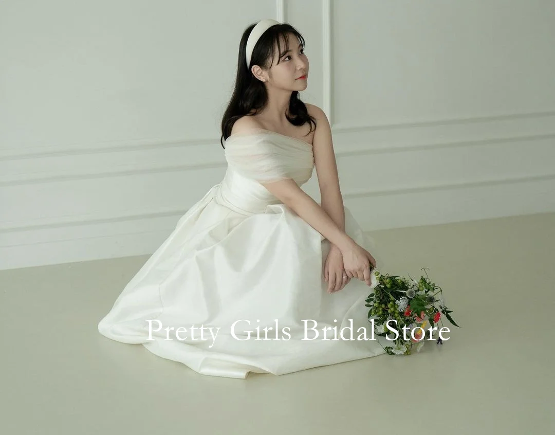 

OEING One-Shoulder Korea Garden White Short Sleeves Wedding Dresses Satin 프롬드레스 Ruched Corset A-Line Bride Growns Party Women