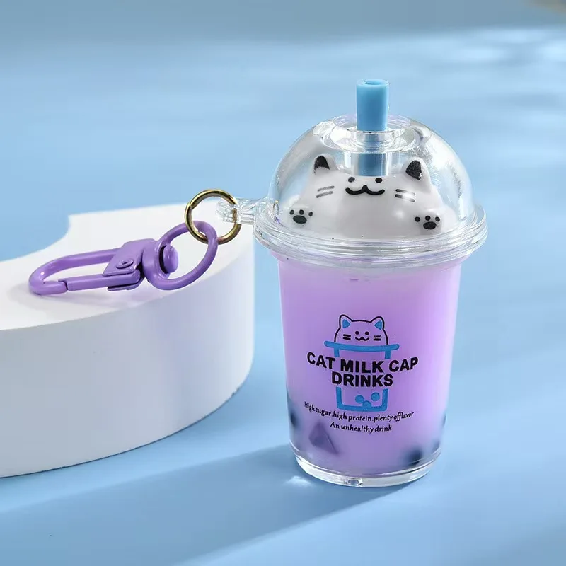 Creative Floating Pearl Milk Tea Cup Key Chain For Women Cute Milk Carton Cat Doll Liquid Keyring Women Girl Bag Charm Key Gift