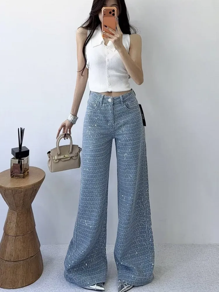 Spring Lady Hot Sale Shiny Diamond Jeans Straight-Leg High Waist Fashion Denim Pants Daily Loose Fit Casual Full Length Trousers