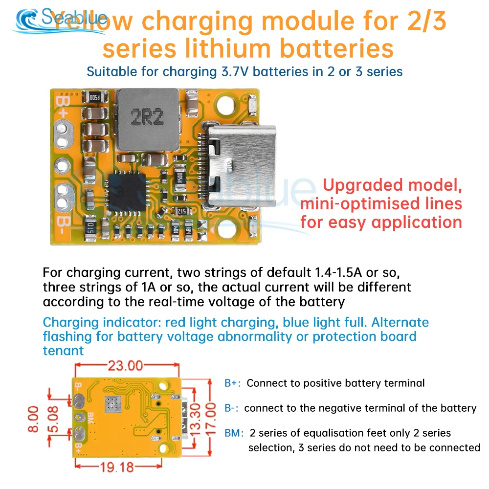 Type-C USB 2-3S BMS 3.7V Lithium Battery Charging Boost Module Support QC Fast Charge With Indicator Multiple Protection