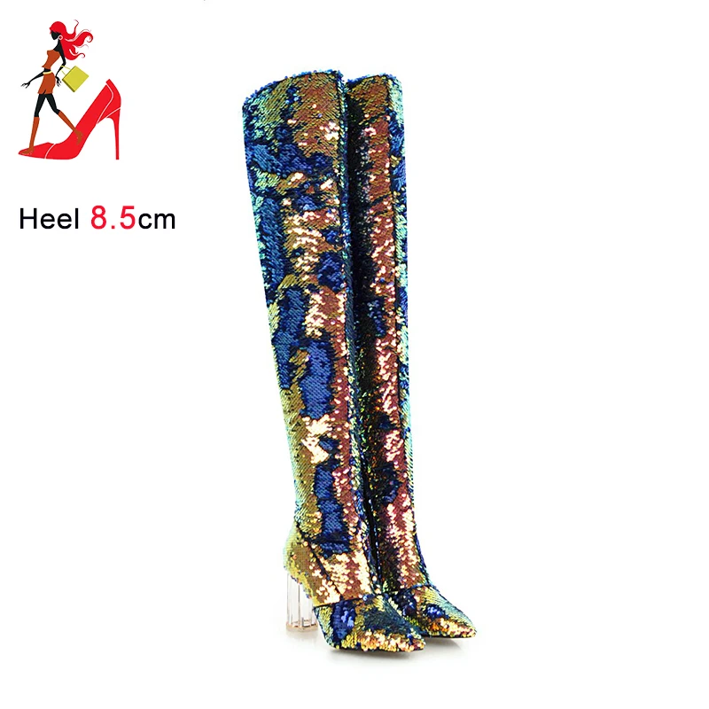 Winter Over The Knee Women Boots Bling Sequins Chunk High Heels Slip On Party Shoes Pointed Toe Woman Long Boots Plus Size 43