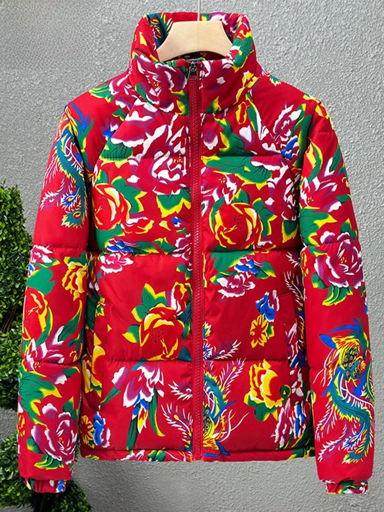 

Thiened Red Cotton Jaet for Men And Women Winter Warm Clothes Festive Chinese New Year Sle Plant Floral Patterned