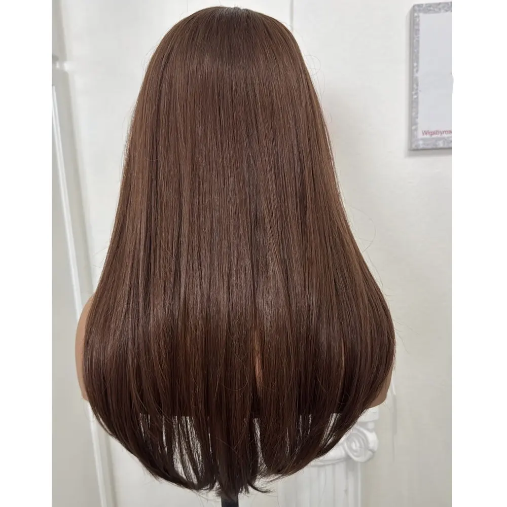 Chestunt Braune, transparente, vollständig aus Spitze gefertigte Echthaarperücken für Damen mit Pony, ohne Klebstoff, mit seidig glattem, langem, peruanischem Remy-Haar. – Detail 5