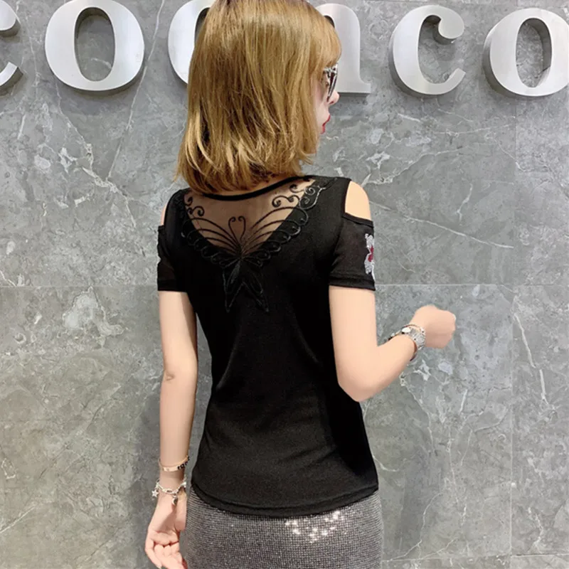 2024 Summer Fashion Korean T-shirt Clothes Sexy Flower Inlaid Diamonds Women Tops Ladies Short Sleeve Off Shoulder Mesh Tees