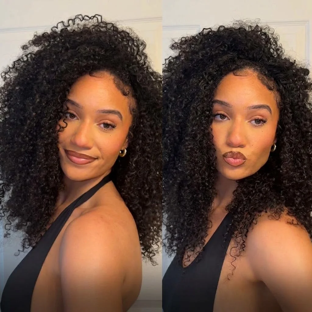 100% Human Hair Machine Made Kinky Curly Half Wig Upgrade 3 IN 1 Flip Over Wig Invisible Drawstring GluelessHalf Head Wig Raw Vietnamese Human Hair 180% 200% 220% Density Clip In Beginner Friendly  Half Wigs For Ladies