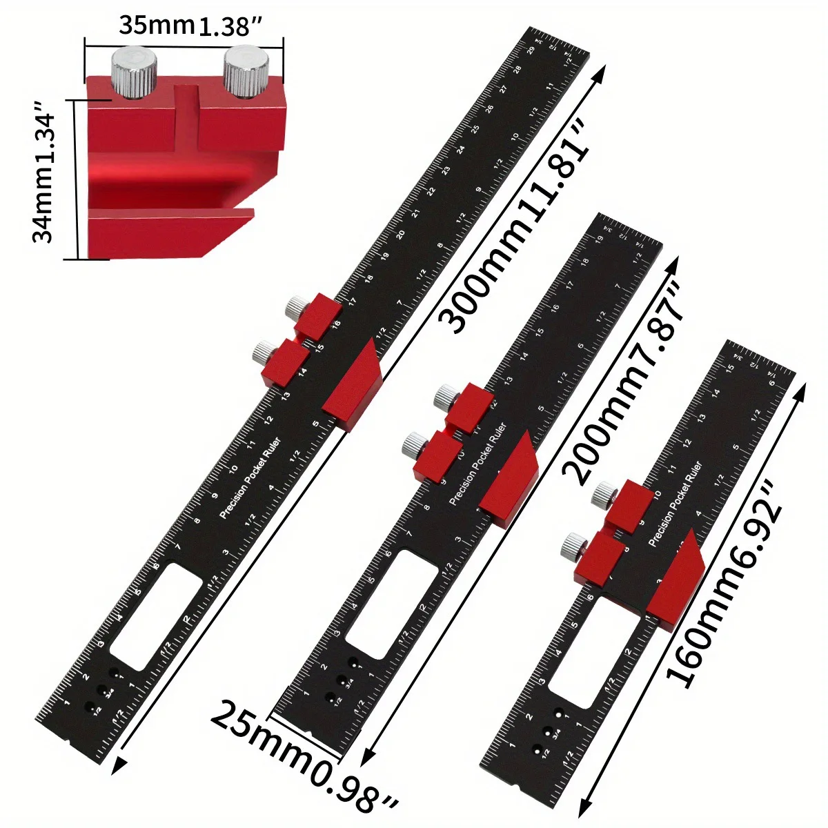 3Pcs Precision Woodworking Ruler Set Aluminum Pocket Ruler with Slide Stop Slide Ruler Inch And Metric Scribing Ruler 16/20/30cm