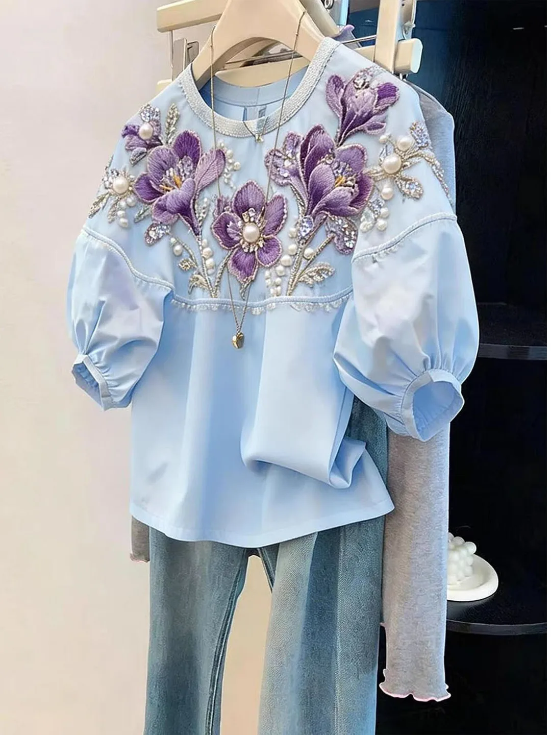 2026 New Fashion Floral Print Top Versatile Elegant Korean Style Loose Fit Summer T-Shirt Women's Casual Bubble Sleeve Tee