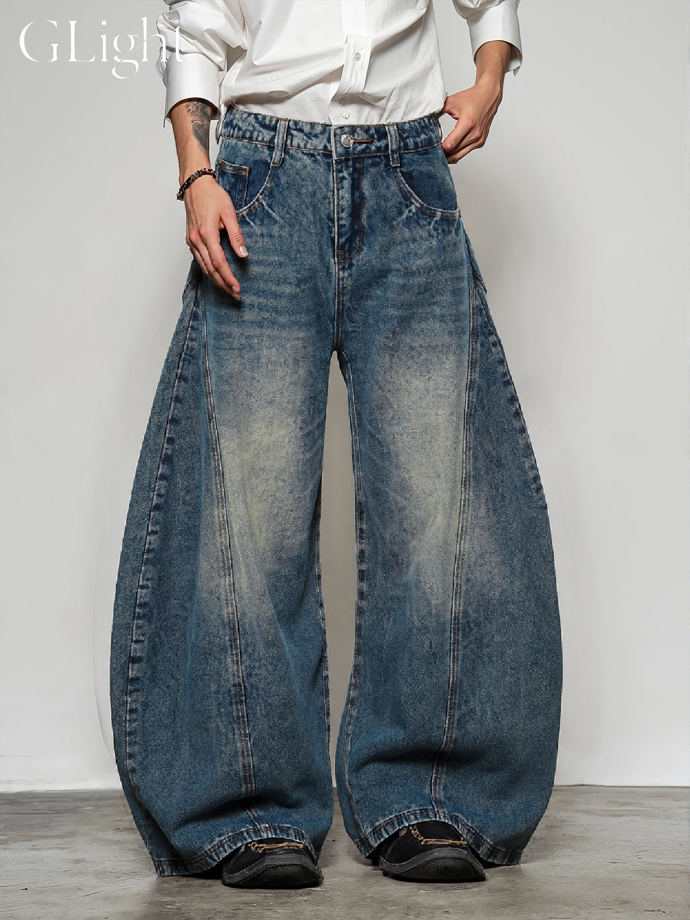 Amerykańskie retro szerokie jeansy z wysokim stanem, krój wide leg, modne młodzieżowe spodnie z bawełny denim, prosty krój, luźny krój, długie spodnie.