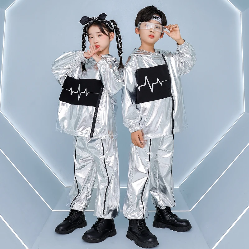 Zilver Jazzdans Kleding Kinderen Show Prestaties Pak Hip Hop Broek Mode Hoodie Jongens Meisjes Street Dance Wear VDL4847