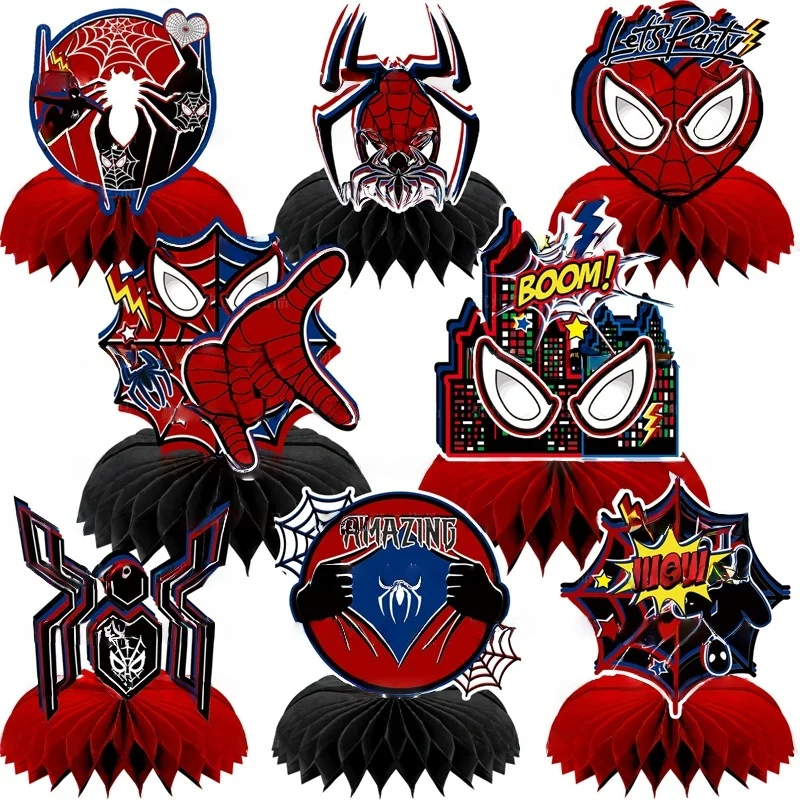 

New Set of 9 Pieces Spiderman Birthday Party Decorations Kids Party Supplies Honeycomb Decorative Cake Decoration Background