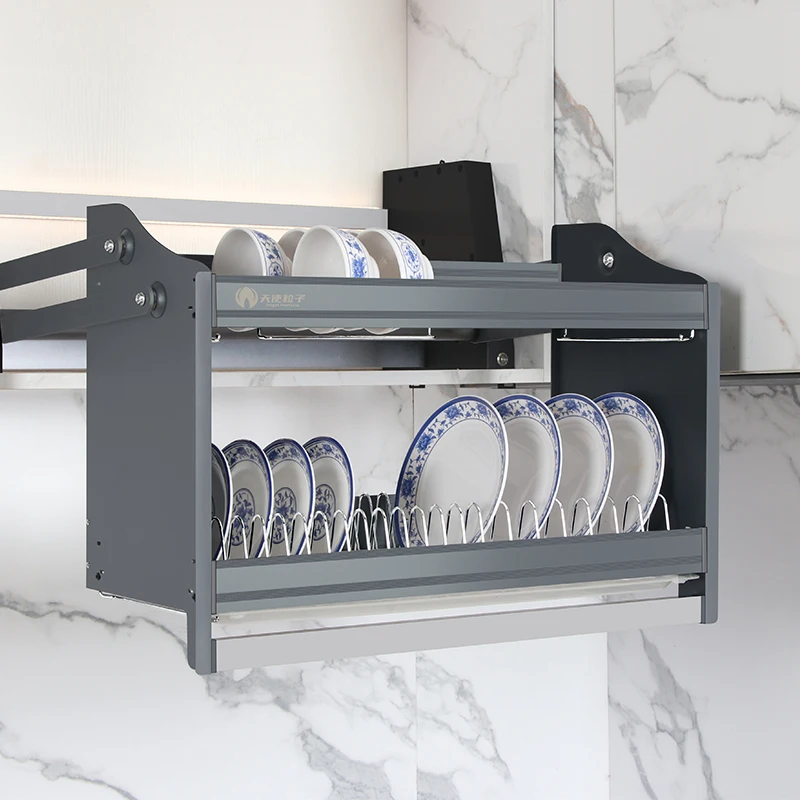 Stainless Steel Aluminum Storage Automated Lifting Basket Kitchen Cabinet Wall Mount Hanging Automated Basket