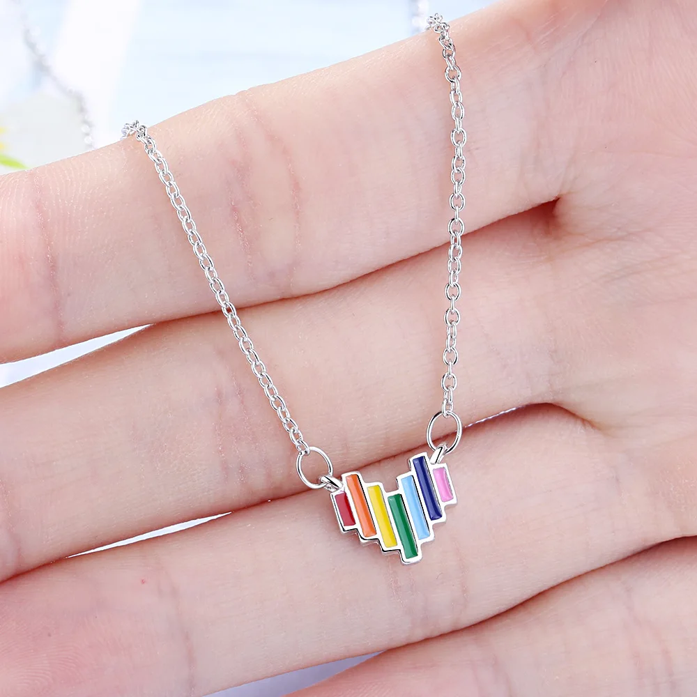 925 Sterling Silver Colorful Rainbow Love Shaped Pendant Personality Necklace For Women Fashion Jewelry Accessories Gift