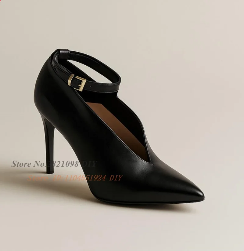 Leather Ankle Buckle Strap High Heels Women's Closed Pointed Toe Stiletto Pumps Large Size Banquet Shoes