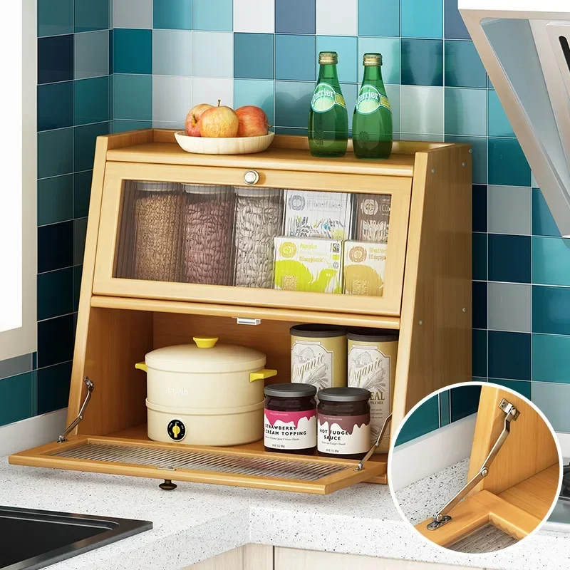 

Bamboo Kitchen Storage Cabinet with Acrylic Door Tableware Storage Rack Desktop Storage Drawers Organizer Dish Display Cabinet