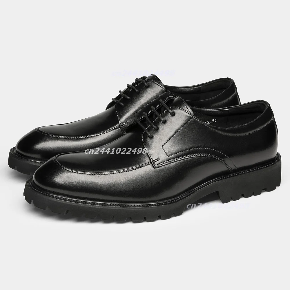 Chunky Thick Sole Burnished Brown Faux Leather Men Dress Shoes, Round Toe Lace up Formal Dress Oxford Footwear for Daily Walking
