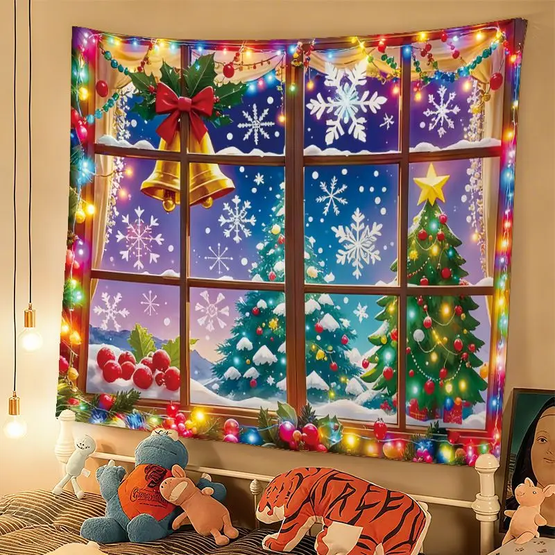 VIKAMA Christmas Window Snow Village Tapestry Winter Xmas Tree Wall Hanging Backdrop for Holiday Party Bedroom Living Decor