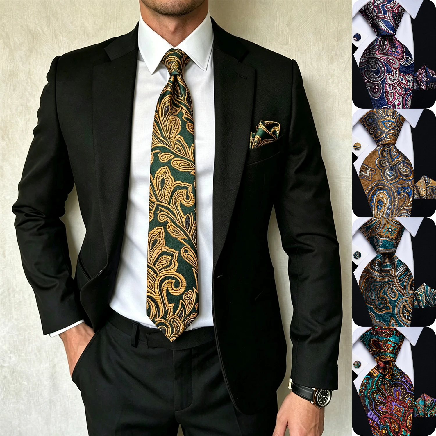 Floral Party Tie Set 3Pcs Mens Tie Hanky Cufflinks Set for Wedding Banquet Business Meeting Groomsmen Formal Office Interview