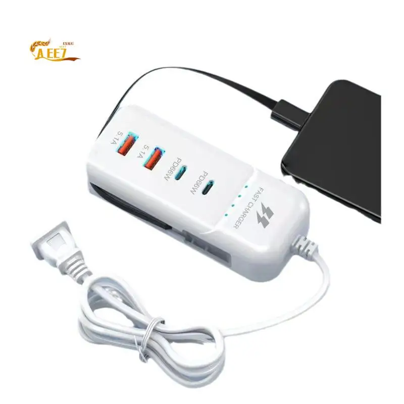 AEE7-66W PD Fast Charging Wall USB Chargers USB Hub Adapter 4 Ports USB Type C Extension Type C Cable Socket Outlet EU Plug